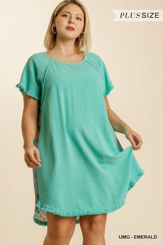 Emerald Short Sleeve Floral Animal Mixed Print Back Fringed Dress -Plus