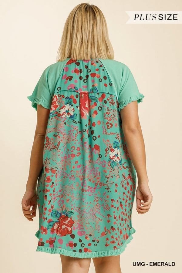 Emerald Short Sleeve Floral Animal Mixed Print Back Fringed Dress -Plus