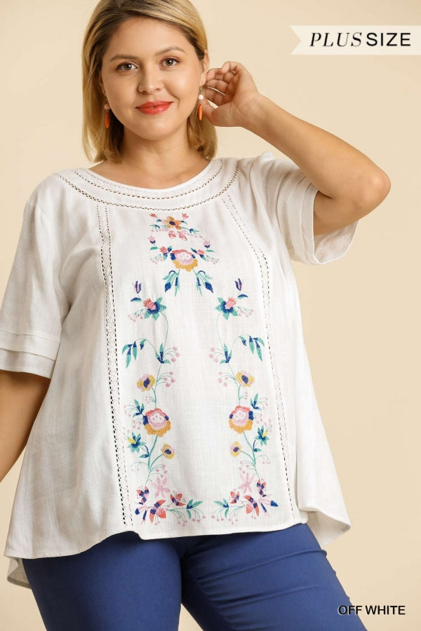 Off White Linen Floral Embroidered Lace Trimmed Top -Plus