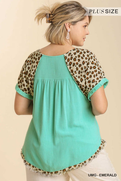 Emerald Linen Top w/ Leopard Short Sleeve- Plus