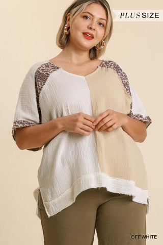Off White Leopard Gauze Colorblock Detail Top- Plus