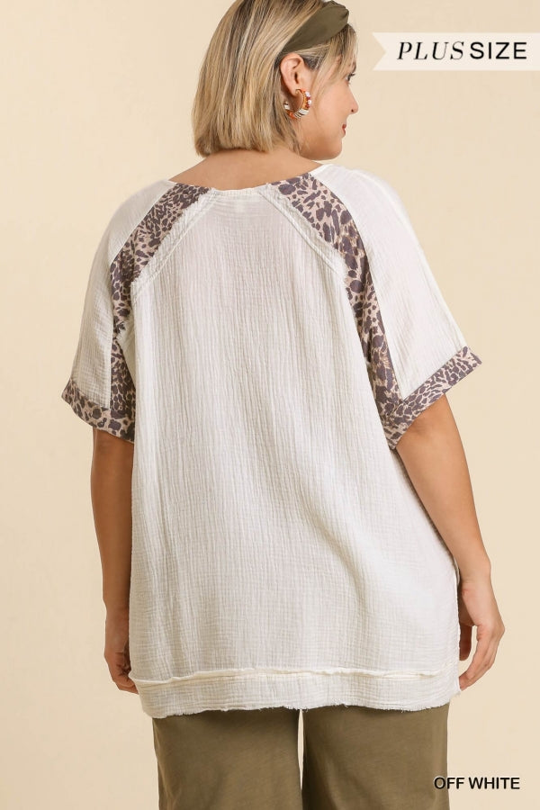 Off White Leopard Gauze Colorblock Detail Top- Plus