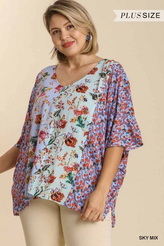 Sky Mix Floral 3/4 Sleeve V-Neck Top- Plus