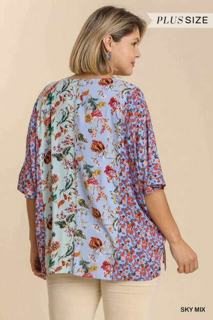 Sky Mix Floral 3/4 Sleeve V-Neck Top- Plus