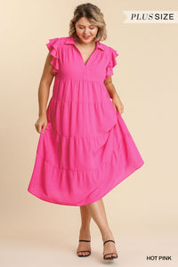 Hot Pink Collar Split Tiered Midi Dress- Plus