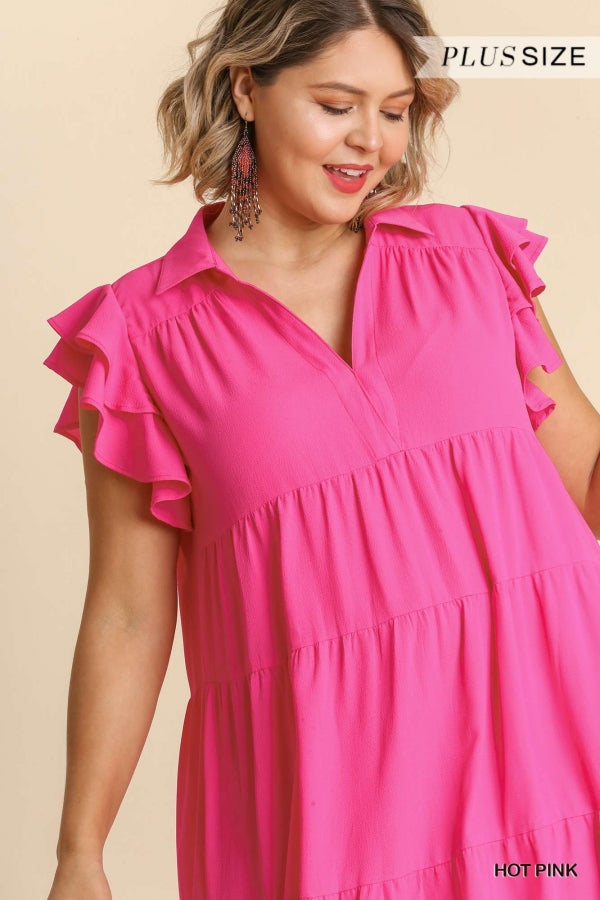 Hot Pink Collar Split Tiered Midi Dress- Plus
