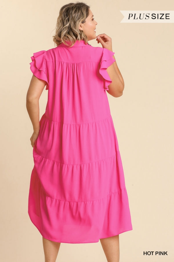 Hot Pink Collar Split Tiered Midi Dress- Plus