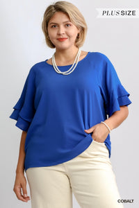 Cobalt Blue Ruffle Sleeve Round Neck Top- Plus