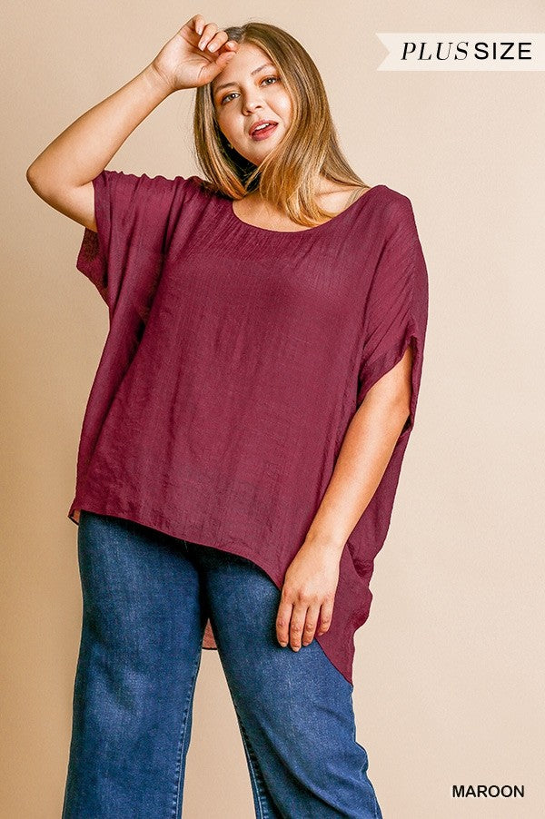 Maroon Short Sleeve Sheer Dolman Top Fully Lined