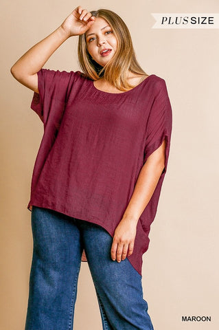 Maroon Short Sleeve Sheer Dolman Top Fully Lined