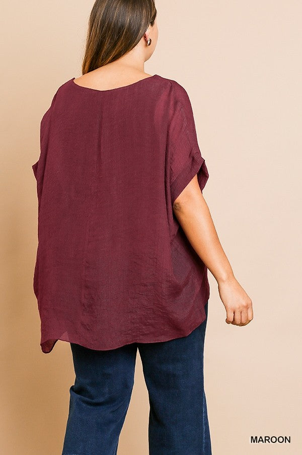 Maroon Short Sleeve Sheer Dolman Top Fully Lined