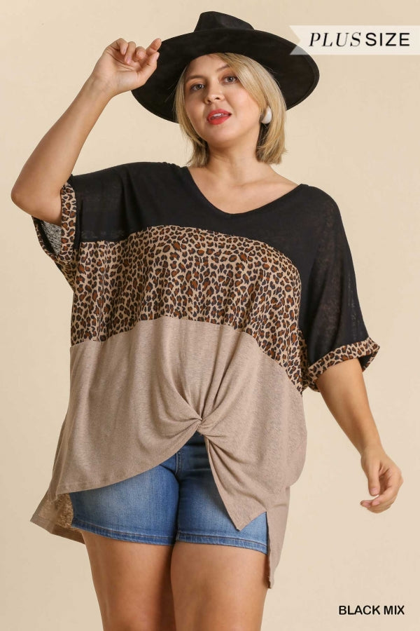 Black & Leopard Short Sleeve Top w/ Front Knot Detail- Plus