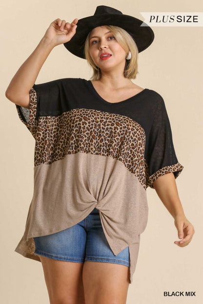 Black & Leopard Short Sleeve Top w/ Front Knot Detail- Plus