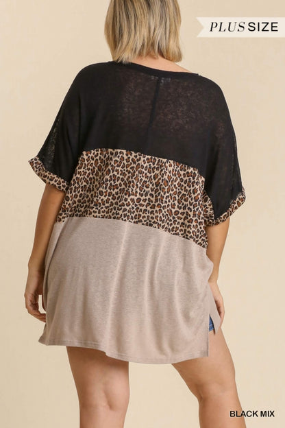 Black & Leopard Short Sleeve Top w/ Front Knot Detail- Plus