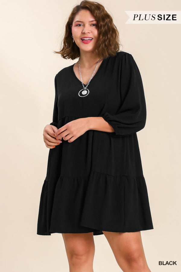 Black V-Neck Tiered Dress with 3/4 Sleeve- Plus