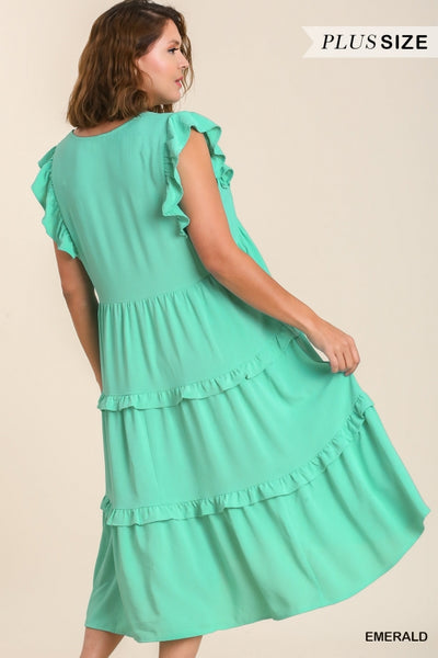 Mint Ruffle Tiered Midi Dress with Flutter Sleeves- Plus