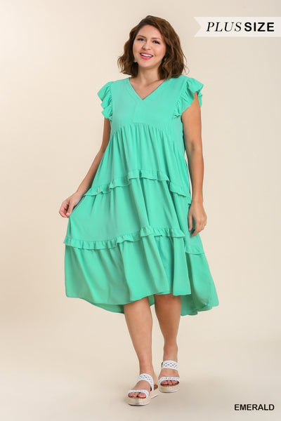 Mint Ruffle Tiered Midi Dress with Flutter Sleeves- Plus