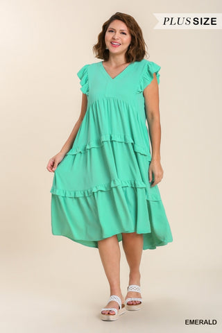 Mint Ruffle Tiered Midi Dress with Flutter Sleeves- Plus