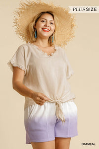 Oatmeal Linen V Neck Short Sleeve Top with Front Tie Knot -Plus