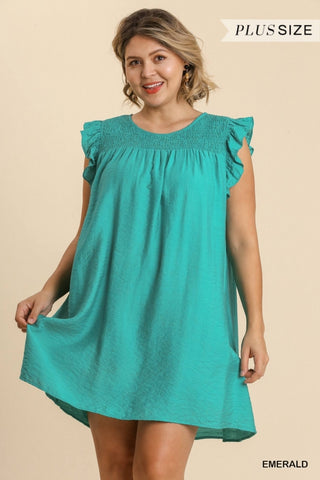 Emerald Smocked Yoke Ruffle Sleeves Dress- Plus