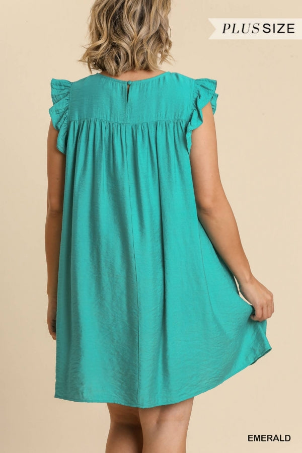 Emerald Smocked Yoke Ruffle Sleeves Dress- Plus