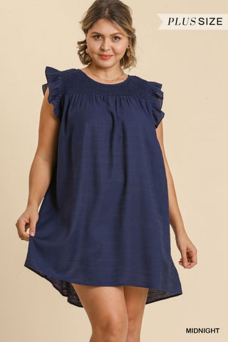 Navy Smocked Yoke Ruffle Sleeves Dress- Plus