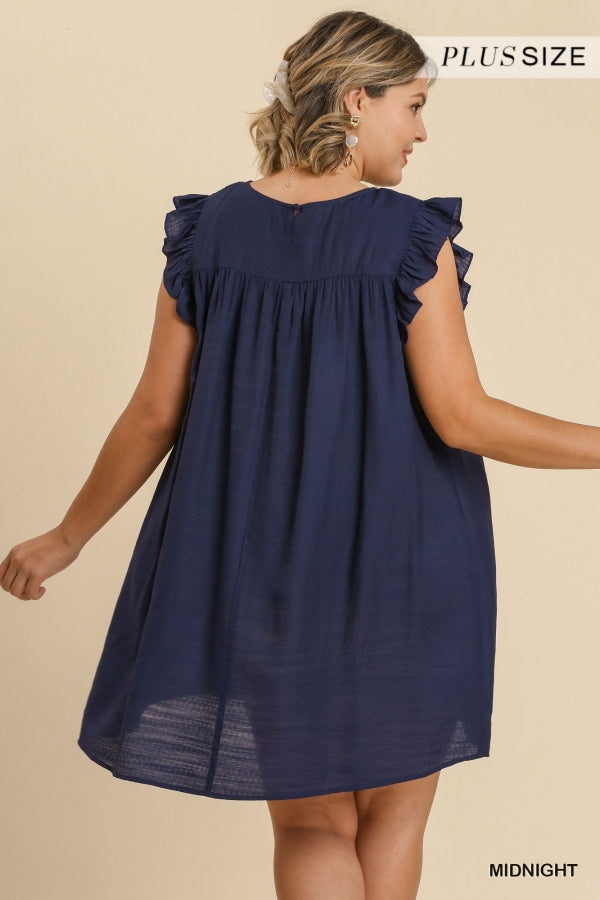 Navy Smocked Yoke Ruffle Sleeves Dress- Plus