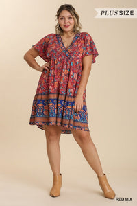 Red and Blue Mix Print V-Neck Cape Sleeve Dress- Plus