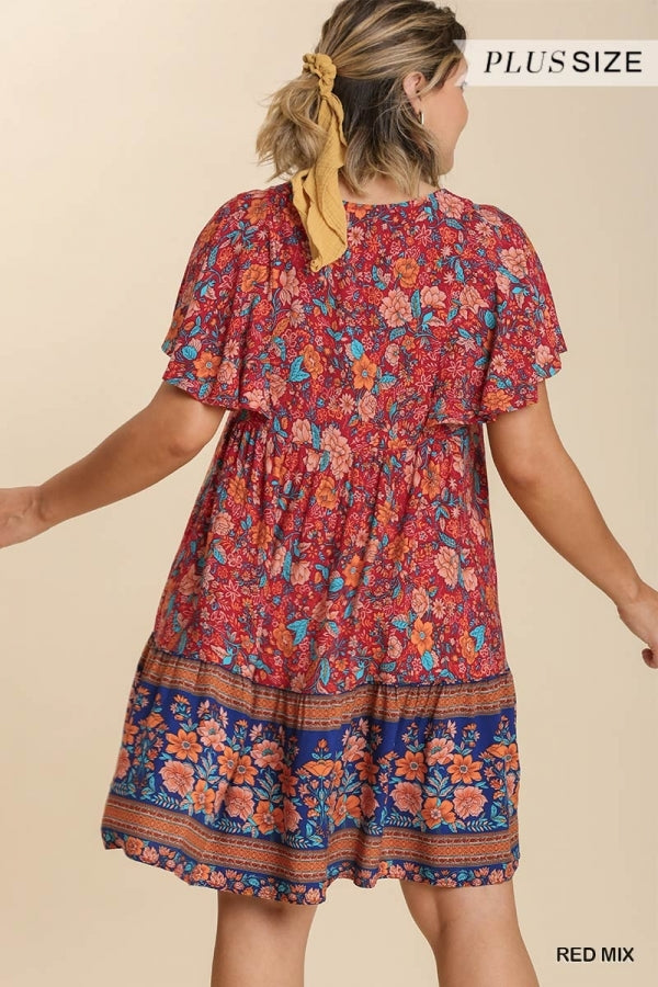 Red and Blue Mix Print V-Neck Cape Sleeve Dress- Plus
