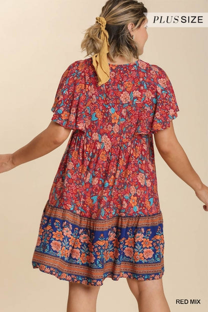 Red and Blue Mix Print V-Neck Cape Sleeve Dress- Plus