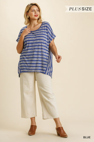 Grey and Blue Striped Round Neck Top