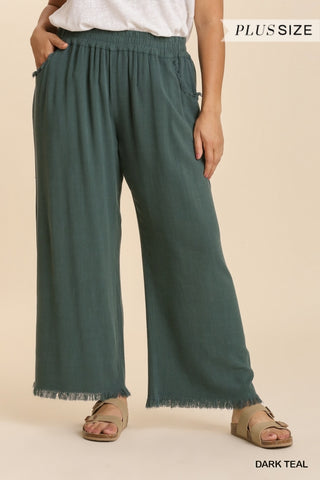 Dark Teal Frayed Hem Wide Leg Pants- Plus