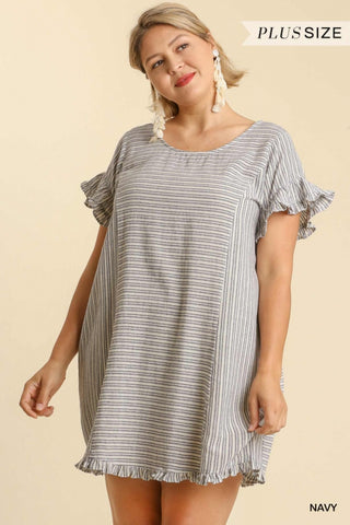 Navy Striped Short Sleeve Ruffled Hem Dress -Plus