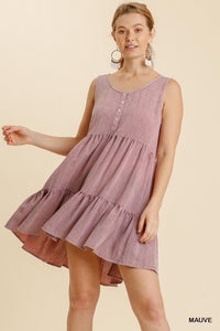 Purple Mauve Washed Button Front Sleeveless Tiered Dress